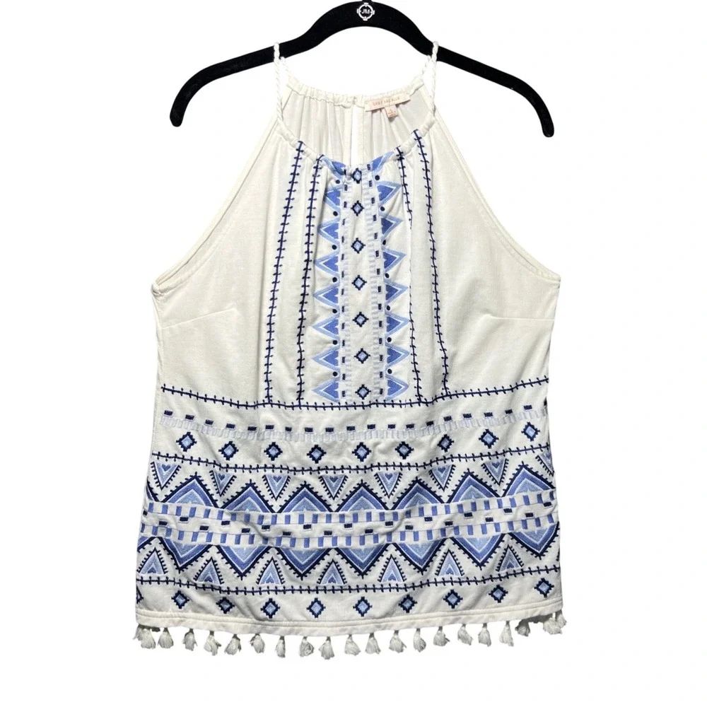 Skies Are Blue White Blue Embroidered Tassel Halter Top Blouse Womens L